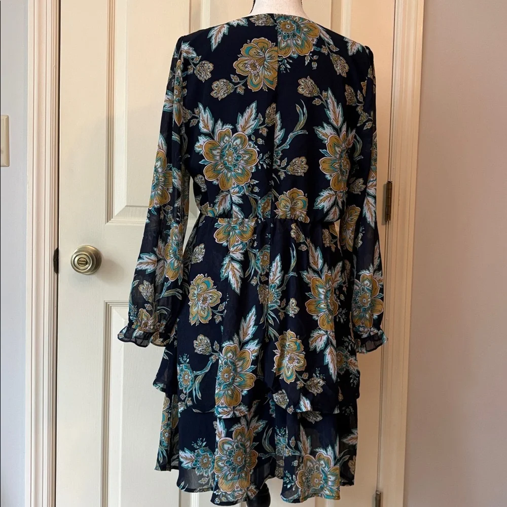 J.Crew Bold Floral Tiered Long Sleeve Flounce Midi Dress Size 8 Navy Blue